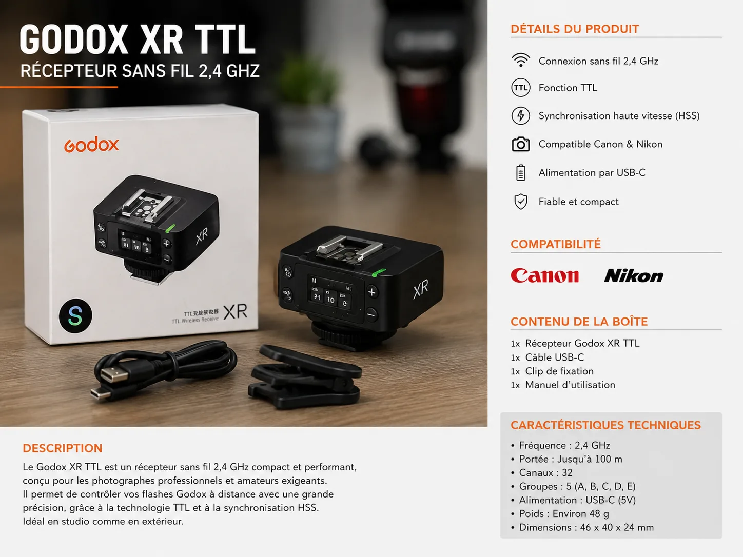 Godox XR TTL – Récepteur Sans Fil 2,4 GHz – TTL – Canon & Nikon